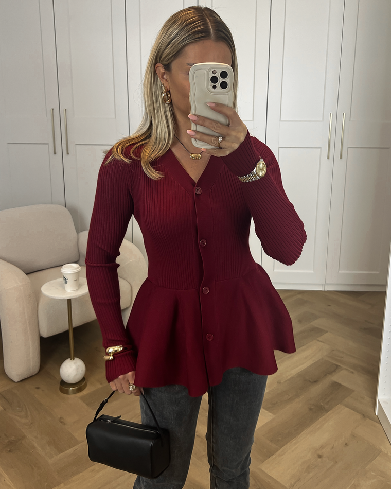 MOLLY - Peplum Cardigan Sweater in Bordeaux Red