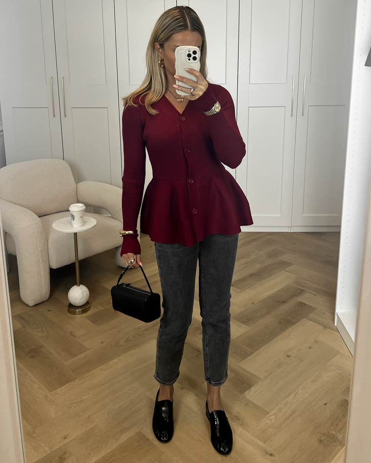 MOLLY - Peplum Cardigan Sweater in Bordeaux Red