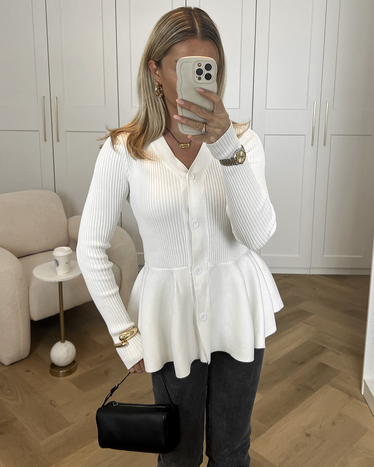 MOLLY - Peplum Cardigan Sweater in Off White