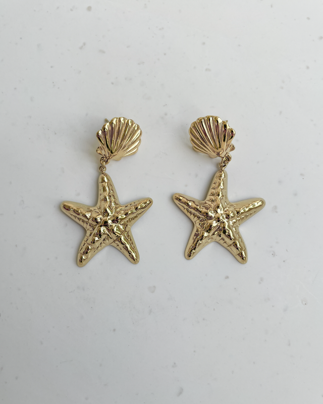 Starfish Seashell Drop Earrings in Gold