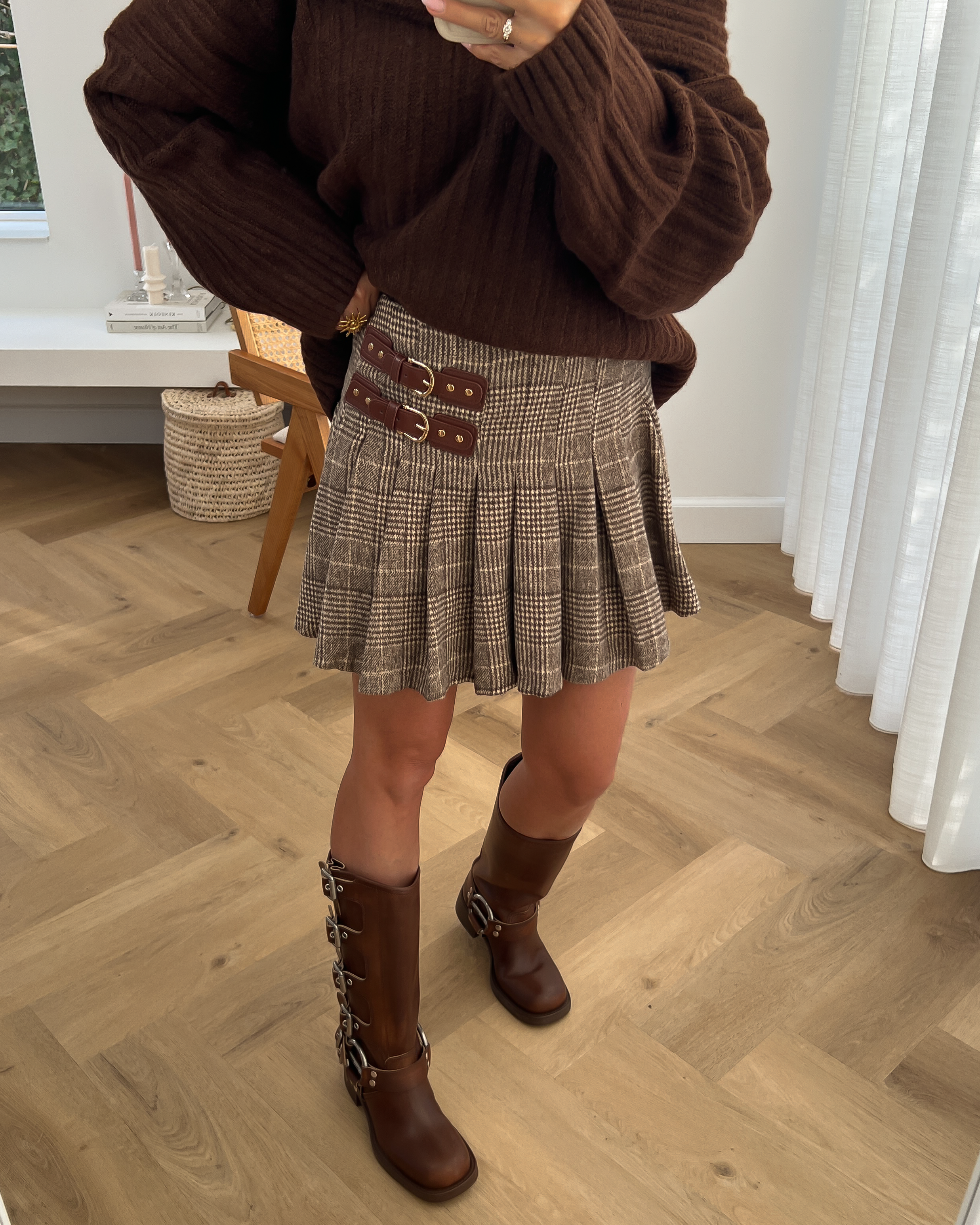 GEORGINA - Plaid Tennis Skirt with Buckles in Choco