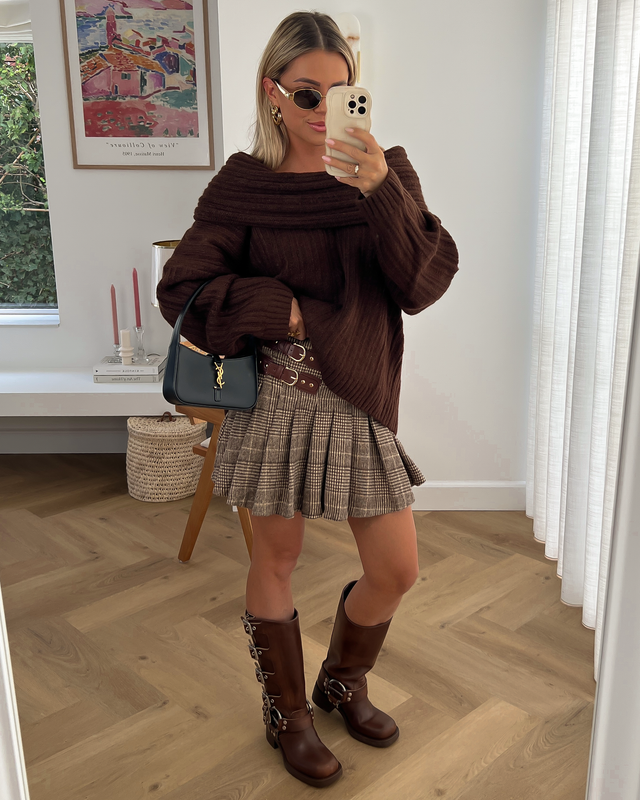 GEORGINA - Plaid Tennis Skirt with Buckles in Choco