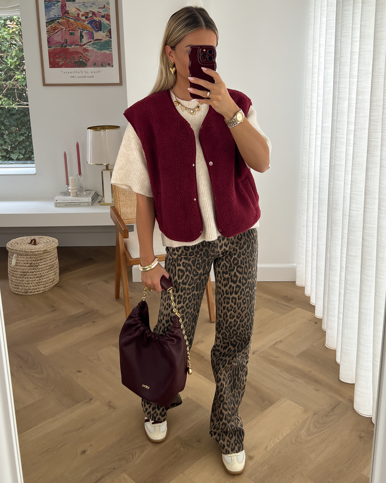 SALE - TIBBY Teddy Gilet in Bordeaux Red