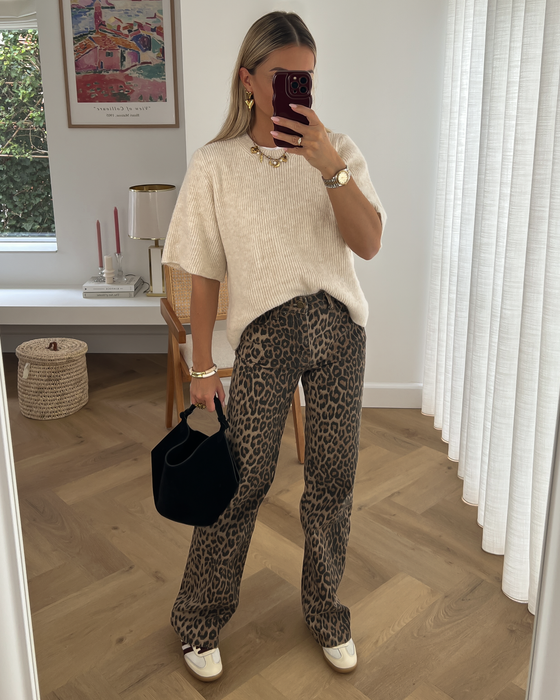 ROX - Denim Wide Leg Jeans in Leopard