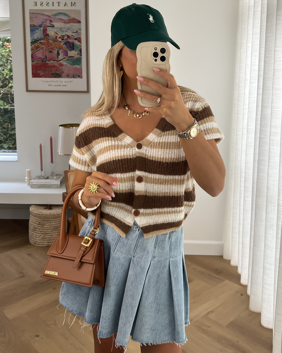 CLARISSA - Crop Striped Cardigan in Choco