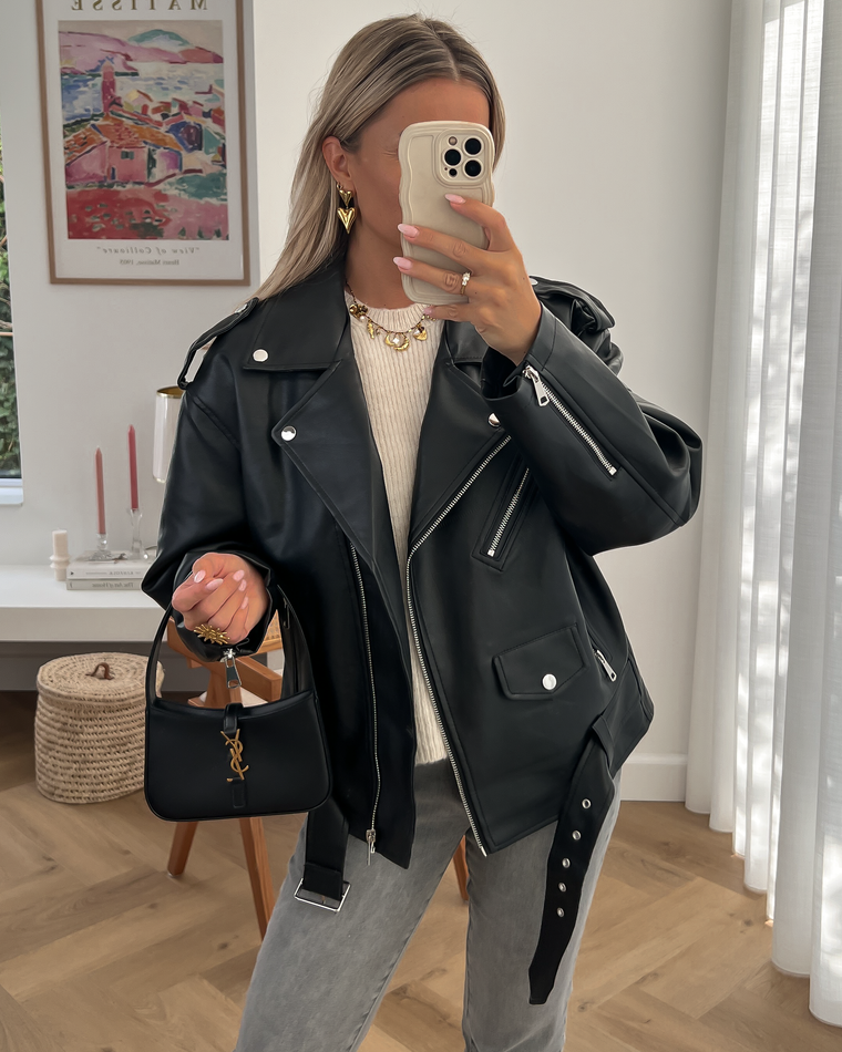 STACIE - Oversized Faux Leather Jacket in Black