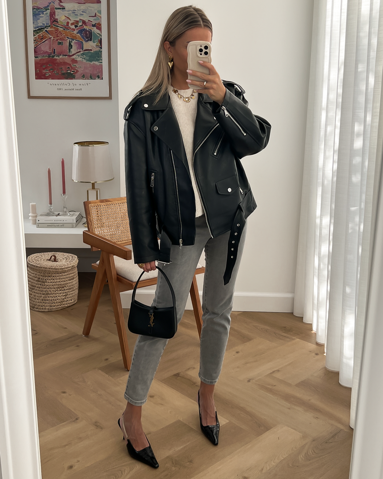 STACIE - Oversized Faux Leather Jacket in Black