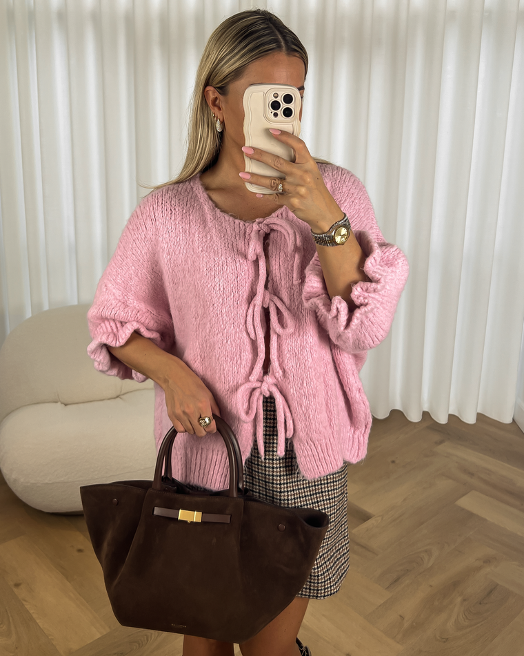 MARIE - Bow Ruffle Knit Cardigan in Light Pink