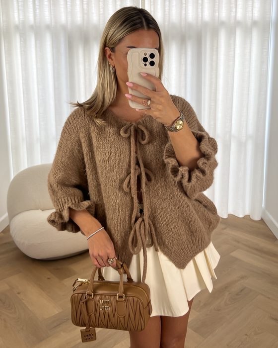 MARIE - Bow Ruffle Knit Cardigan in Camel