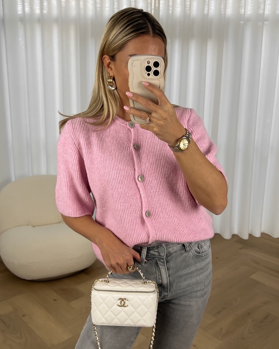 SALLY - Short Sleeve Cardigan in Light Pink