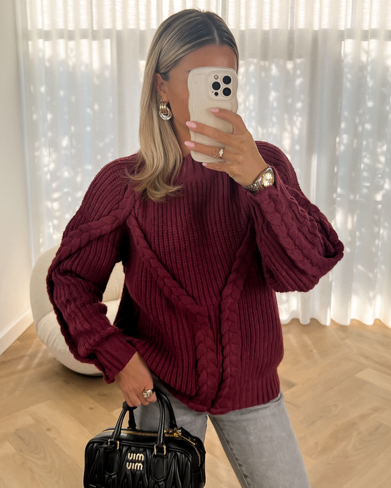 SALE - ANASTASIA Braided Knit Sweater in Bordeaux Red