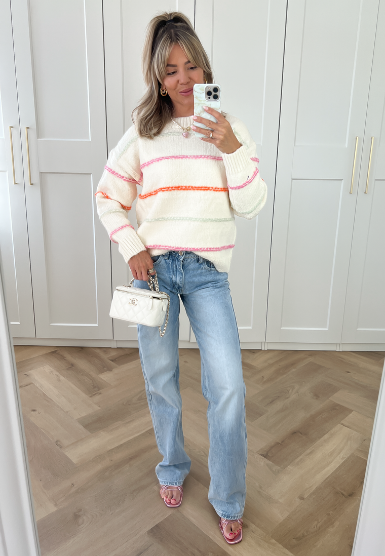 BETTY - Pastel Band Sweater in Off White