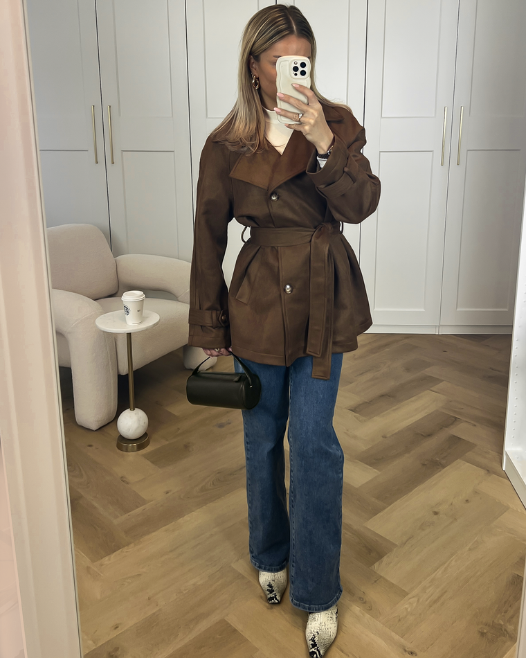 DANI - Faux Suede Belt Jacket in Choco