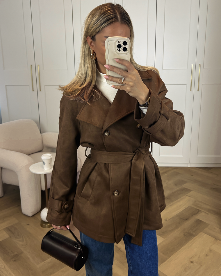 DANI - Faux Suede Belt Jacket in Choco