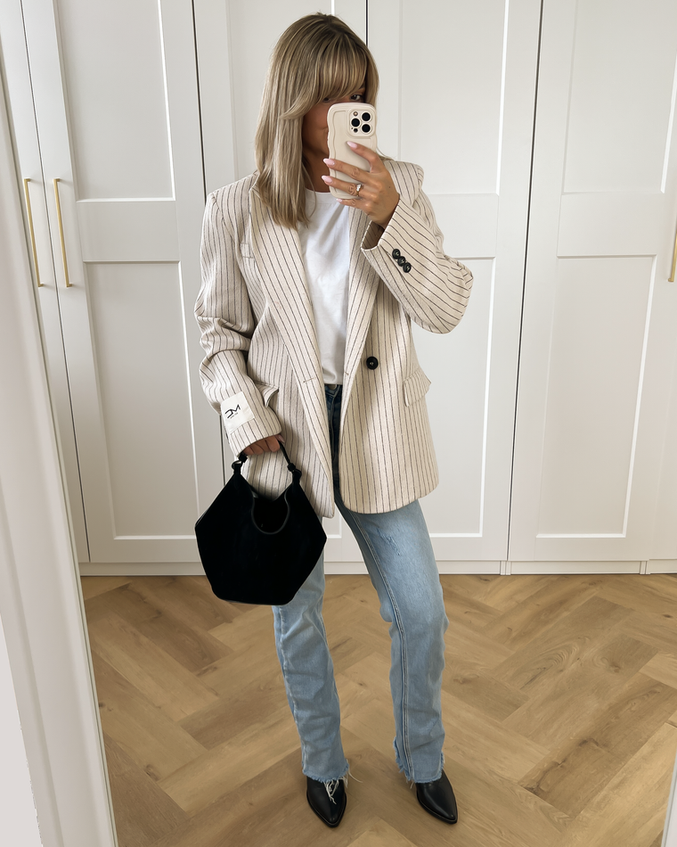 RAE - Oversized Pinstripe Blazer in Beige