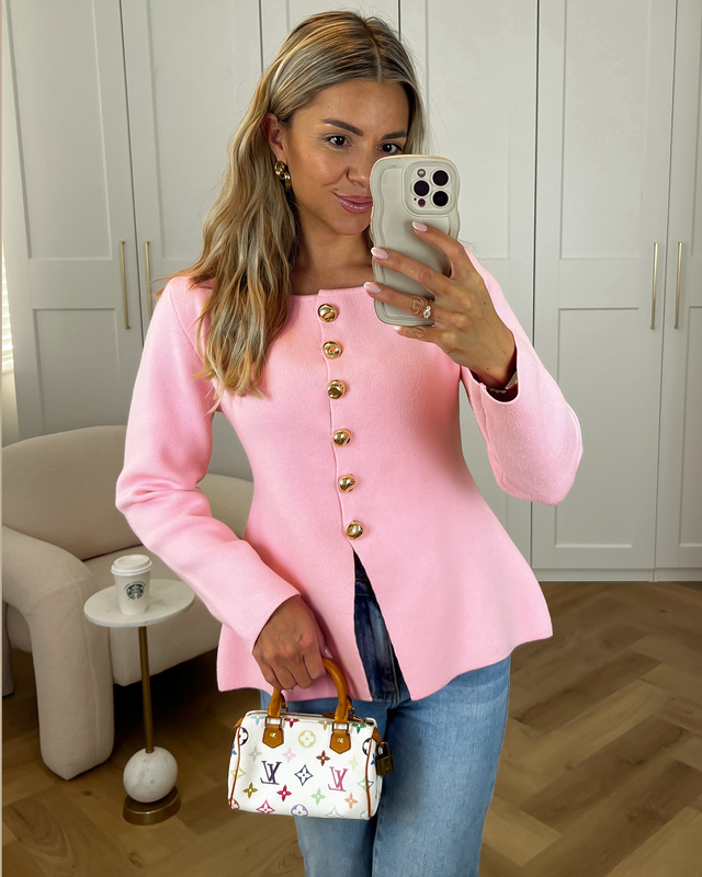 KATE - Gold Button Cardigan Sweater Top in Light Pink