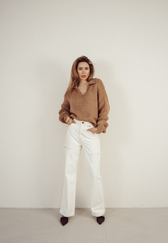 SALE - KEIRA Knitted Polo Sweater in Camel