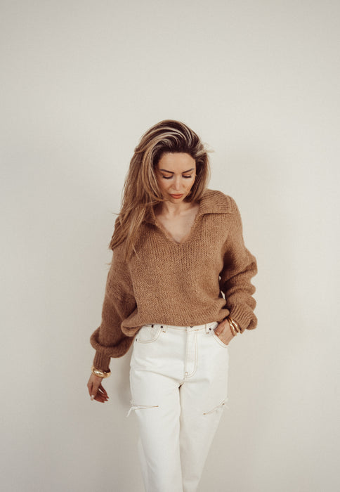 SALE - KEIRA Knitted Polo Sweater in Camel