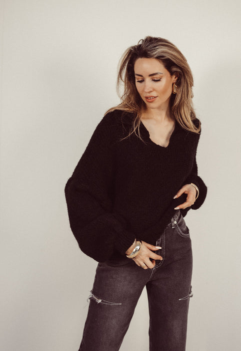 SALE - KEIRA Knitted Polo Sweater in Black