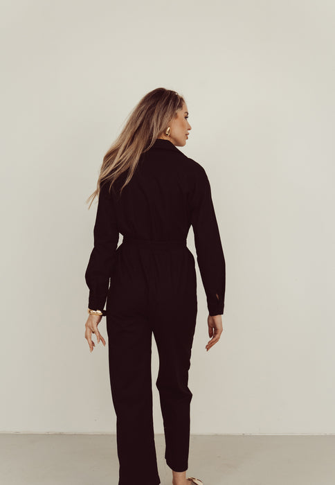 SALE - RILEY Longsleeve Linnen Jumpsuit with Tie in Black