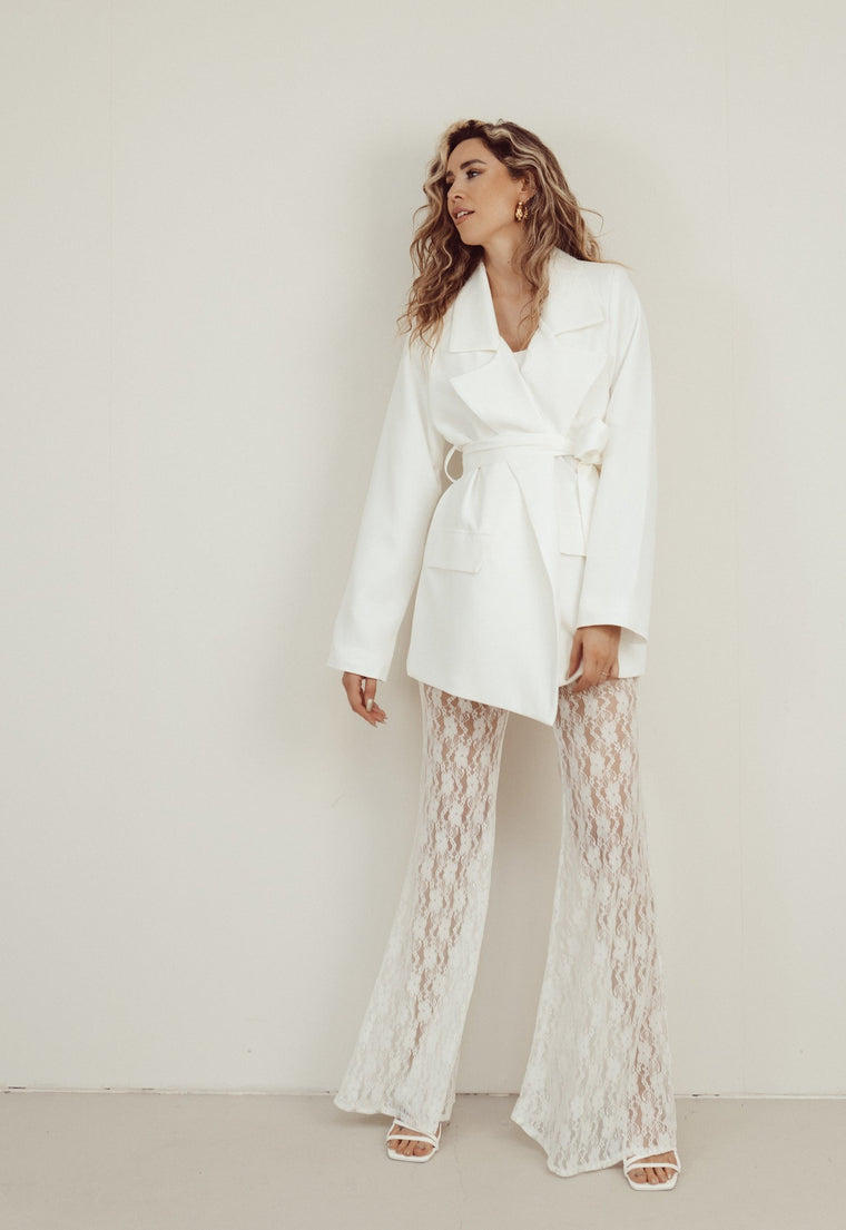 SALE - ADELINE Tie Blazer with Lace Pantalon Set in White